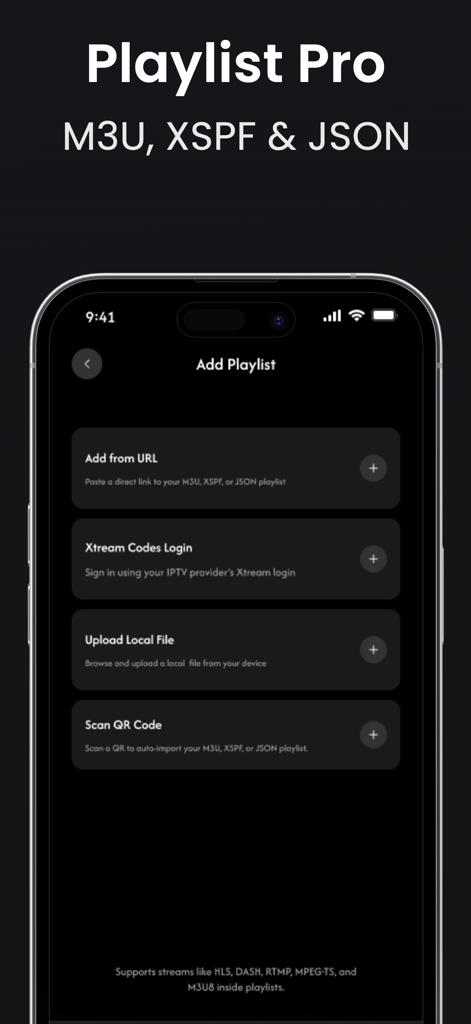 Oberfläche zum Hinzufügen von Medien-Playlists in der iPTV Pro-App mit Optionen für URL, Xtream Codes und lokale Dateien.