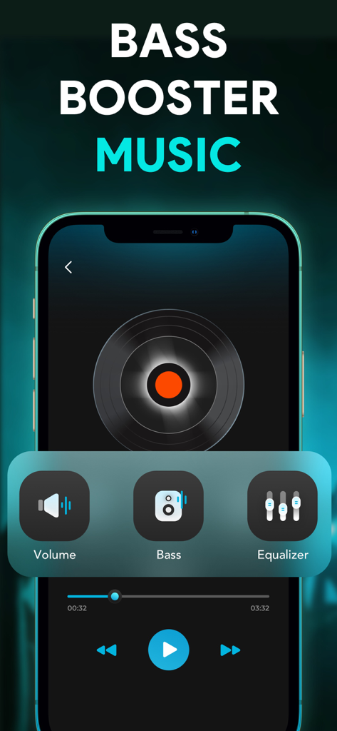 Amplify Sound: Bass Booster - Interfaz de la aplicación Amplify Sound con botones de amplificador de graves y ecualizador en una pantalla de reproductor de música