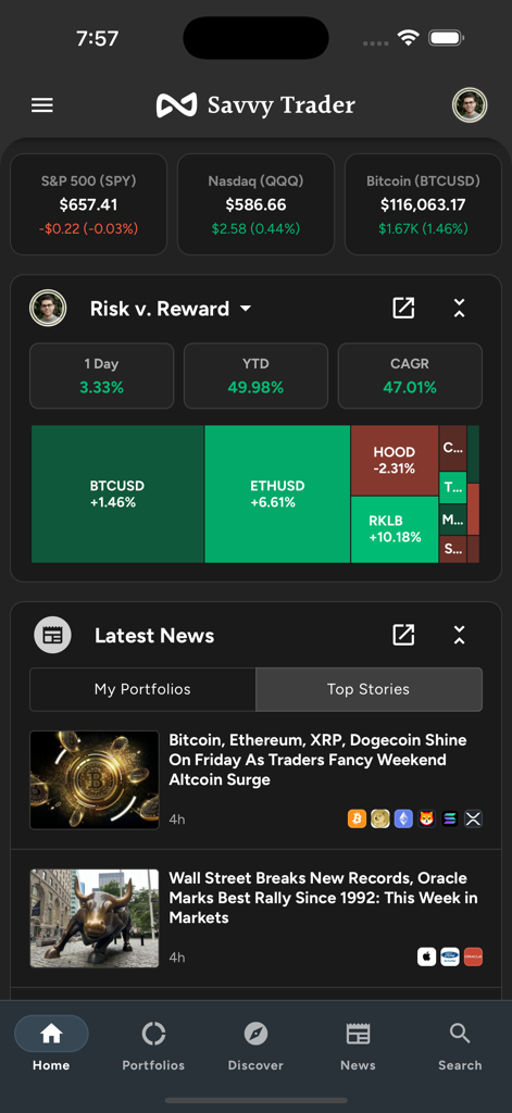 Savvy Trader app dashboard showing stock and crypto portfolio performance and financial news