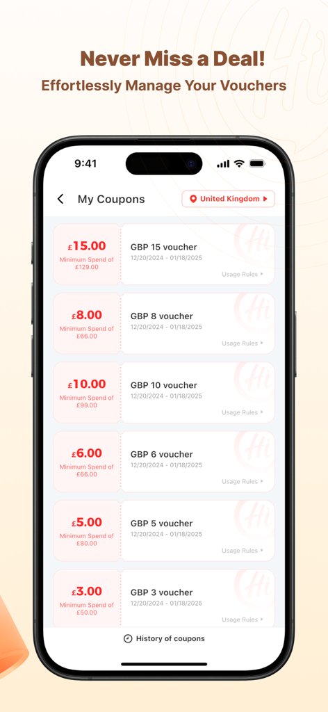 Haidilao app mobile screen showing a list of available discount vouchers and coupons for restaurant dining