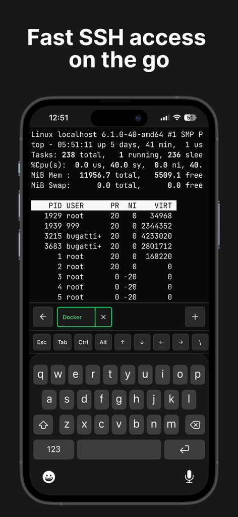 Termix - SSH Companion - Termix SSH terminal on iPhone showing server stats and custom developer keyboard