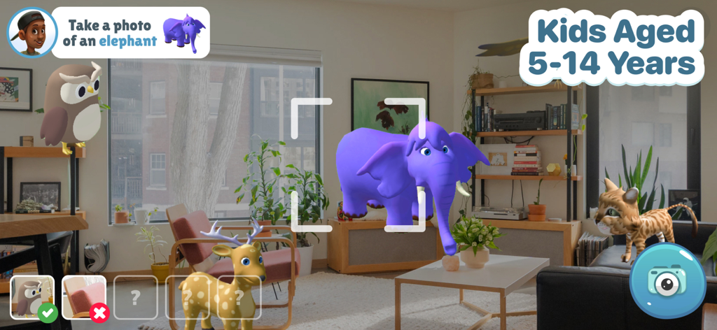 Plingo: English - Plingo English app augmented reality game where kids identify and photograph animals like an elephant in a living room.