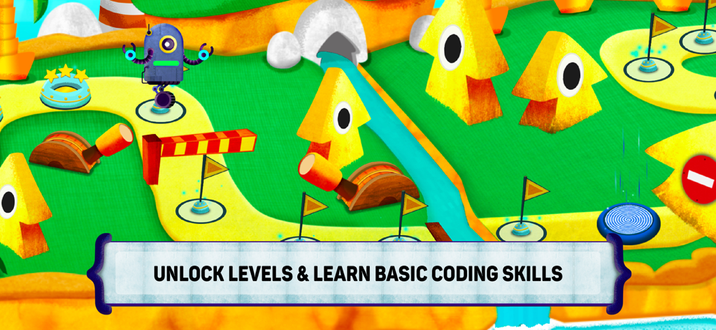 A vibrant game screen showing a purple robot in a path-based puzzle designed to teach kids basic coding logic.