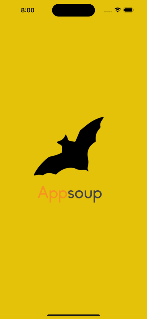 Bat Sounds - 黄色の背景に黒いコウモリのシルエットが表示されたBat Soundsアプリのスプラッシュスクリーン