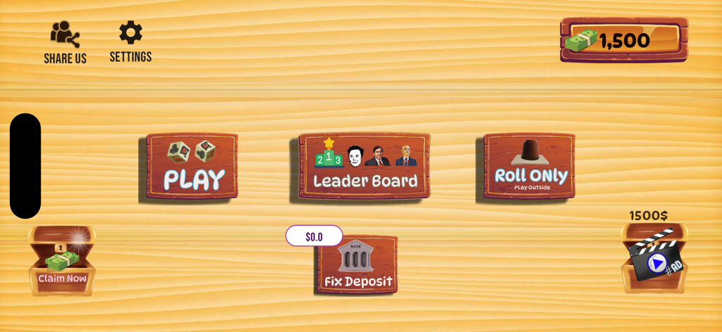 Main menu screen of the Jhandi Munda King mobile game showing Play Leader Board and Roll Only options