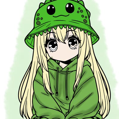 girl with anime shaped eyes with a dinosaur bucket hat oversized sweatshirt long straight hair