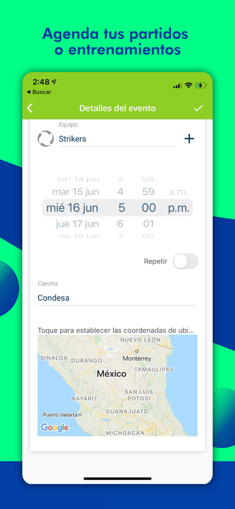 Pelotea - Mobile app interface of Pelotea for scheduling soccer matches and training sessions including event details and map location