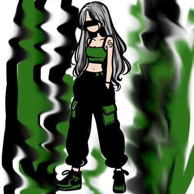 girl in baggy pants crop top and long hair