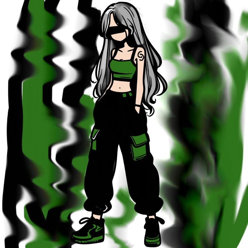 girl in baggy pants crop top and long hair