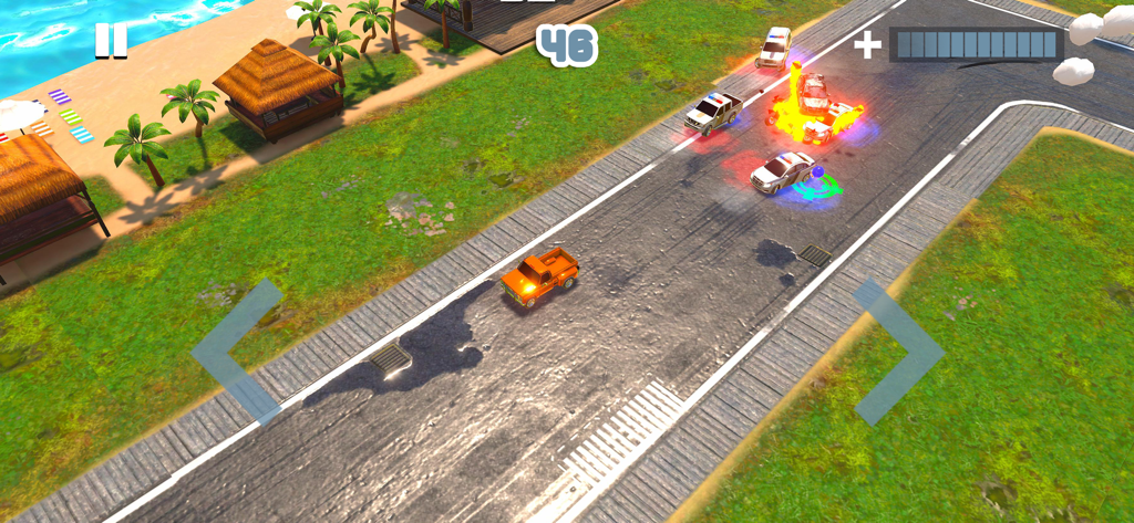Amer Cop Pursuit gameplay showing a car chase on a tropical beach map with police car explosions