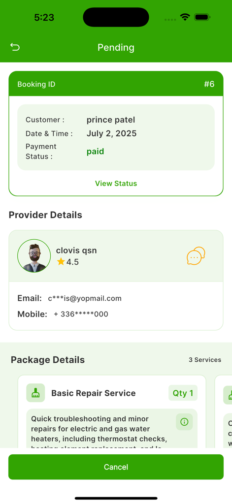 QwickServices - A screenshot of the QwickServices app showing a pending booking with customer info provider details and service status