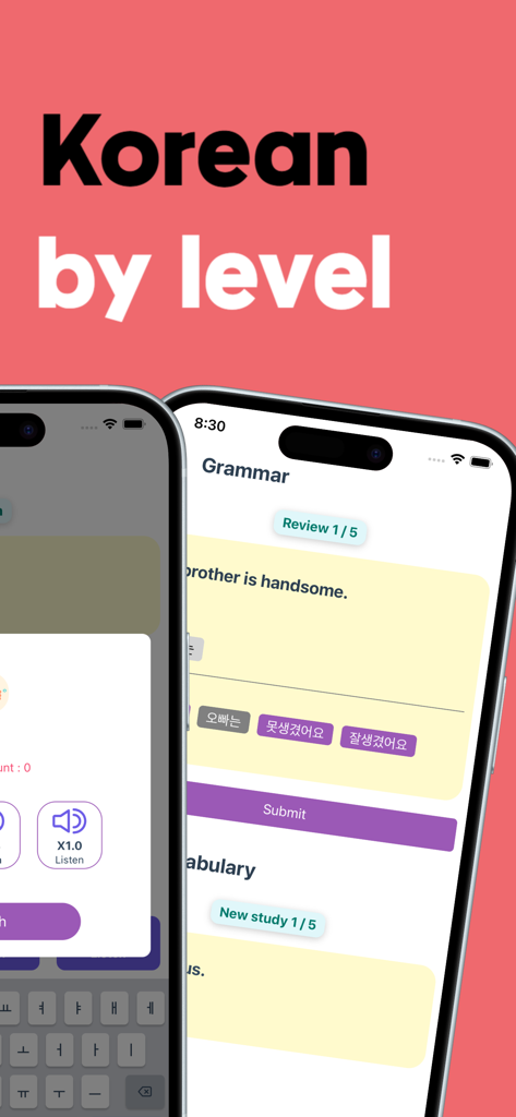 Hiyo: Korea,friends,world,talk - Interfaz de la aplicación Hiyo que muestra módulos de aprendizaje de gramática y vocabulario coreanos organizados por nivel