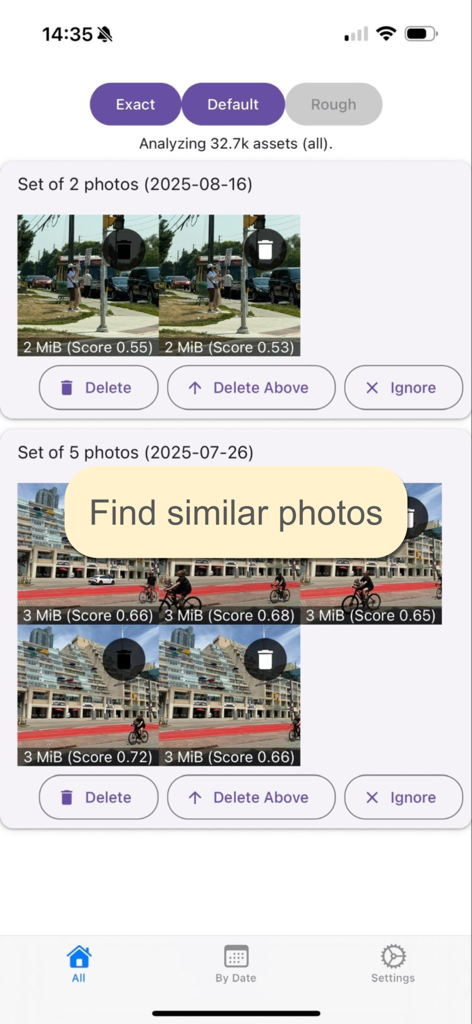 Dedup - Dedup app interface showing sets of similar photos grouped for quick deletion and storage management