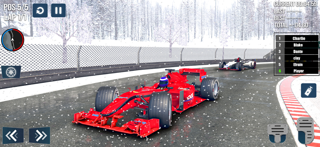 Extreme Formula Car Stunt Game - Red formula car racing on a snowy track with game UI and leaderboard