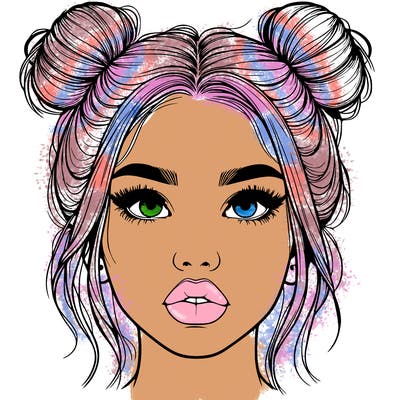 realistic girl with two buns on her hair and lips