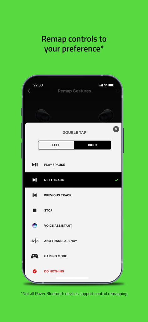 Customizing double tap gesture controls in the Razer Audio mobile app