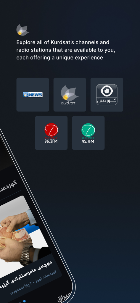 Kurdsat - Interface of the Kurdsat app showing available television channels and radio stations