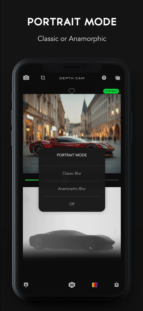 Depth Cam - Depth Editor - Depth Cam app showing portrait mode editing with classic and anamorphic blur options for a car photo