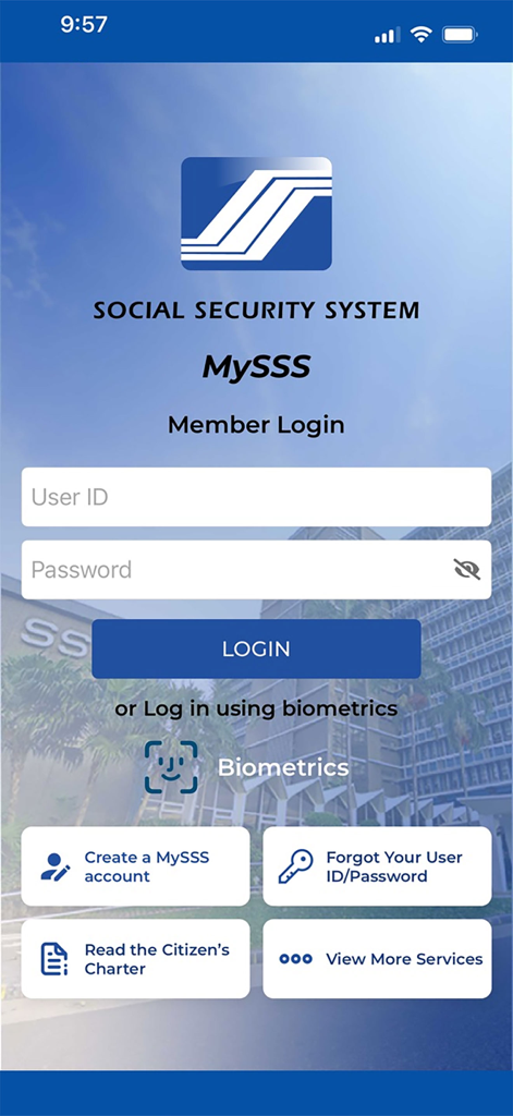 MySSS - Anmeldeoberfläche für die MySSS-App des Philippine Social Security System mit Optionen für Benutzeranmeldedaten oder Biometrie.