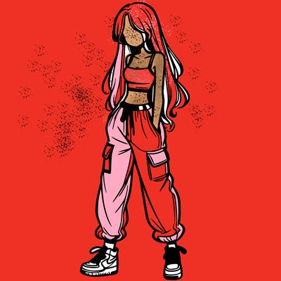 girl in baggy pants crop top and long hair