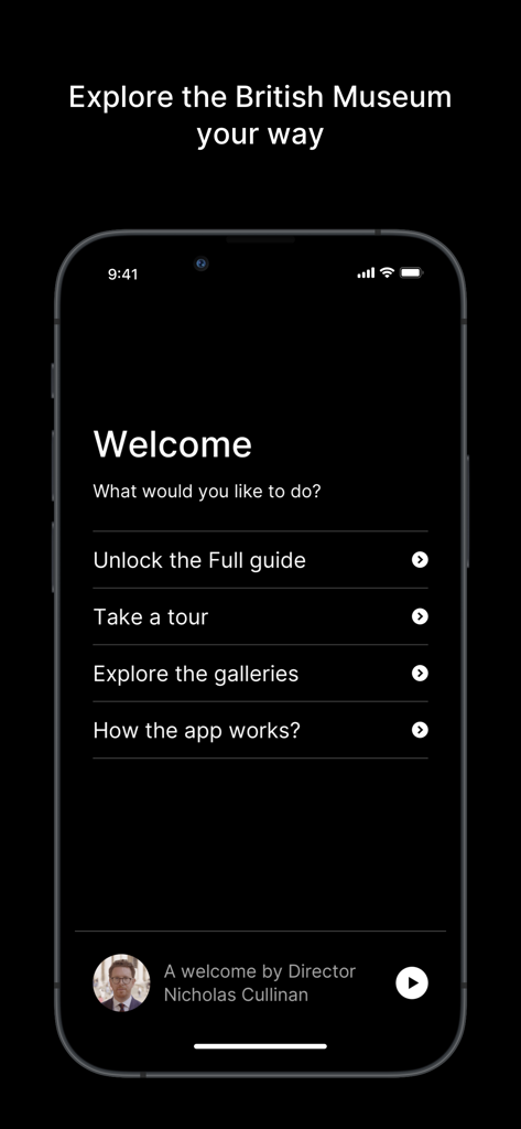 British Museum Audio - Welcome screen of the British Museum Audio app featuring menu options for tours and gallery exploration.