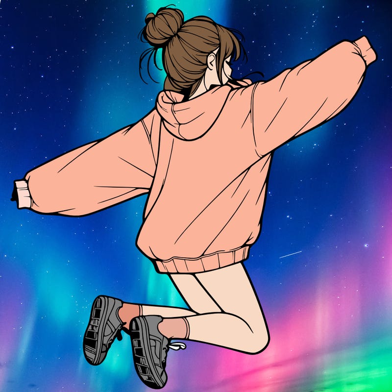 realistic girl jumping with a bun and oversized sweatshirt