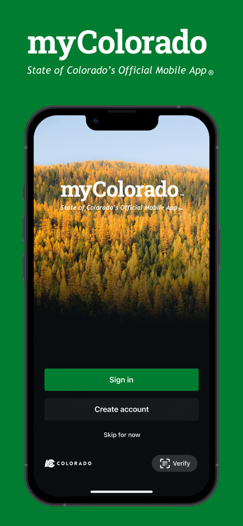 Página de destino do aplicativo móvel oficial do estado myColorado, mostrando botões de login e criar conta