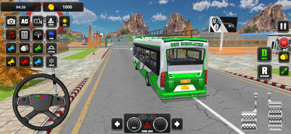 RoadMaster: Bus Simulator - Gameplay view of a green bus driving on a city road with steering wheel and dashboard controls