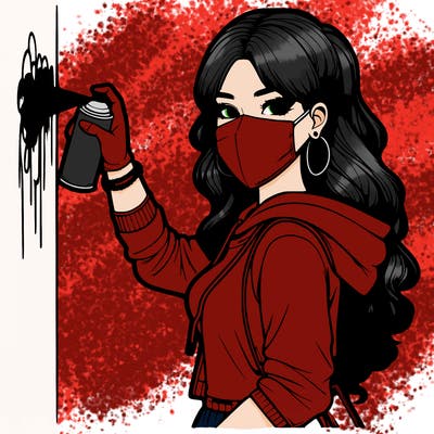 realistic girl with mask spray painting a wall