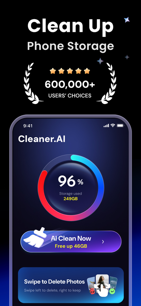 Clean Storage Now：AI Cleanup - Captura de pantalla del panel de la aplicación Clean Storage Now que muestra el noventa y seis por ciento de uso de almacenamiento y un botón de limpieza inteligente para liberar espacio