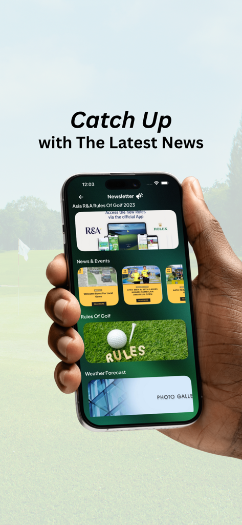 A person holding a smartphone showing the newsletter and news section of the MGA WHS golf app