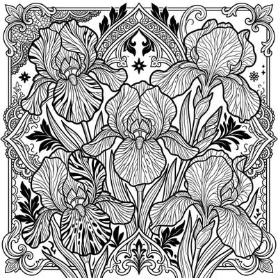 Delve into a world where nature meets dark elegance with this captivating Gothic variegated irises coloring page. Experience the intricate beauty of these unique blooms framed by ornate, melancholic patterns.