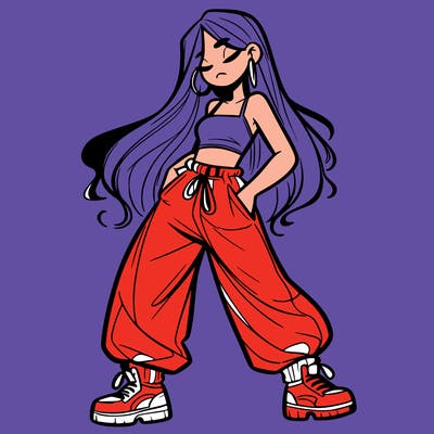 girl in baggy pants crop top and long hair