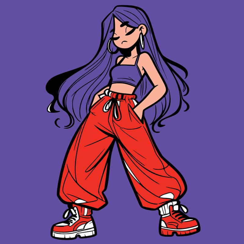 girl in baggy pants crop top and long hair