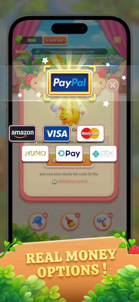 Frenzy Screw Puzzle screen showing real money cash out options with logos for PayPal Visa and Mastercard