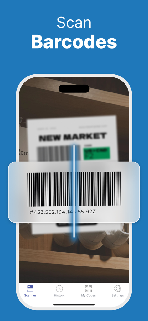 iPhone screen showing the QR Code Reader app scanning a product barcode with a blue scanning line.