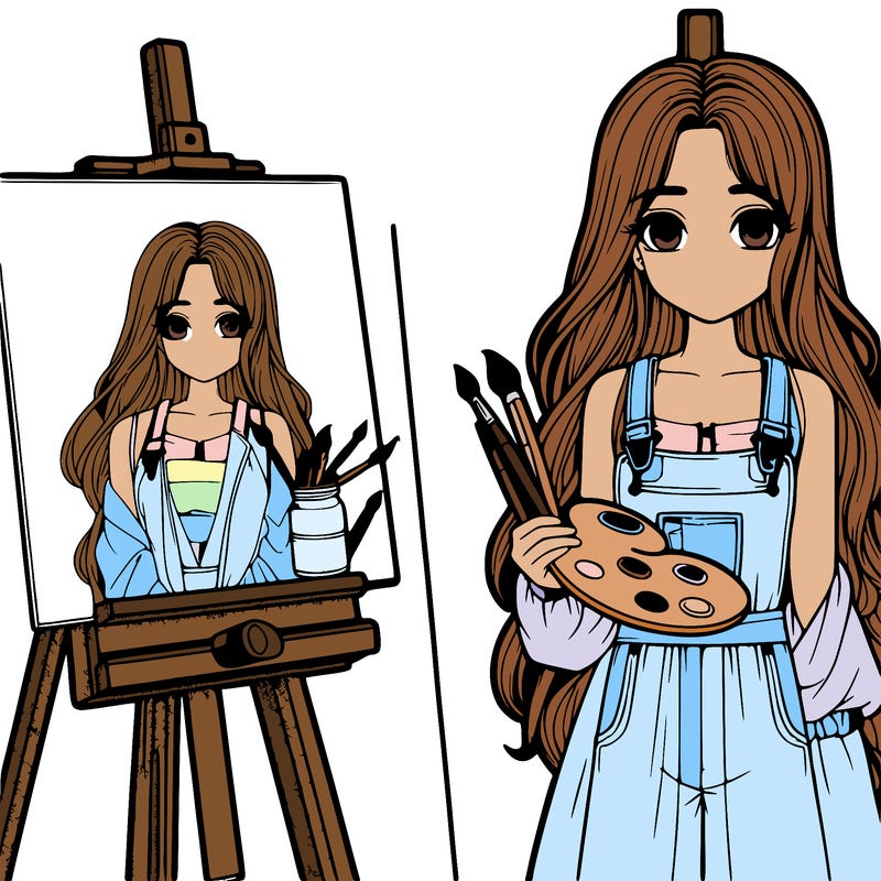 a realistic girl with long hair and shes a painter shes holding a paint pallet and easel with a blank canvas on it next to her