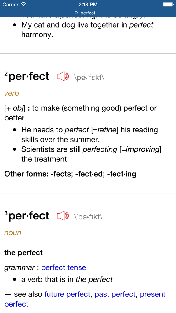 Screenshot of the Learner's Dictionary app displaying definitions and usage examples for the word perfect as a verb and a noun