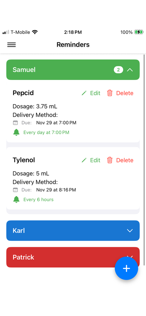 MamaMed - MamaMed app medication reminders dashboard showing scheduled doses for children including Pepcid and Tylenol logs