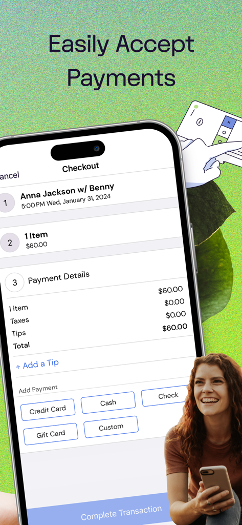 Smartphone-Bildschirm, der den Checkout-Prozess in der DaySmart Pet App mit Optionen für Kreditkarten-, Bar- und Geschenkkartenzahlungen anzeigt