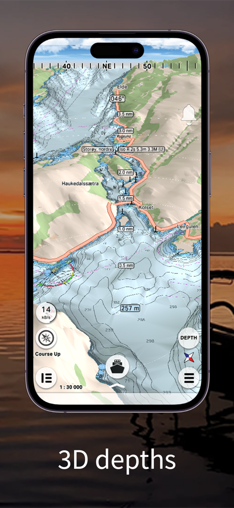 mKart Marine Navigation - mKart smartphone app displaying a 3D marine chart with bathymetric depth contours and seabed relief