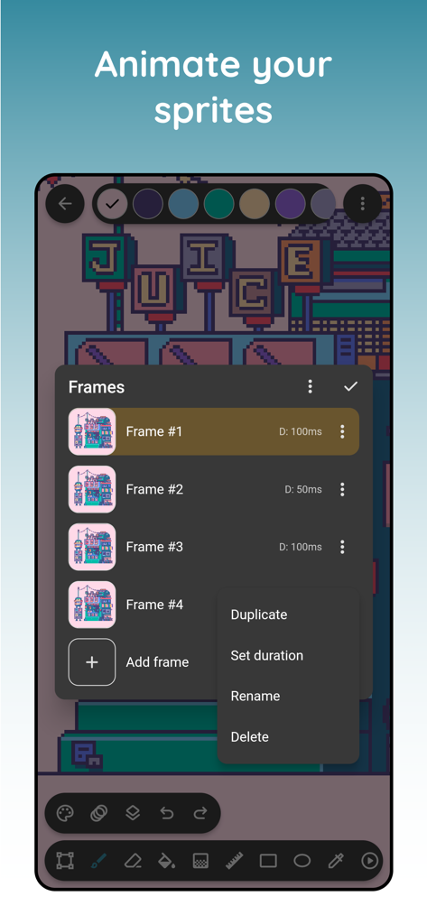 Pixel art maker - Inktica - Inktica mobile app interface showing frame management for pixel art animation