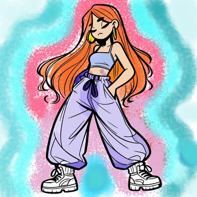 girl in baggy pants crop top and long hair