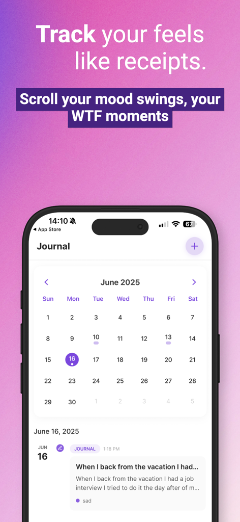 JournAI: AI Mood Journal - JournAI app interface displaying a monthly calendar and daily journal entries to track mood swings and emotional patterns.