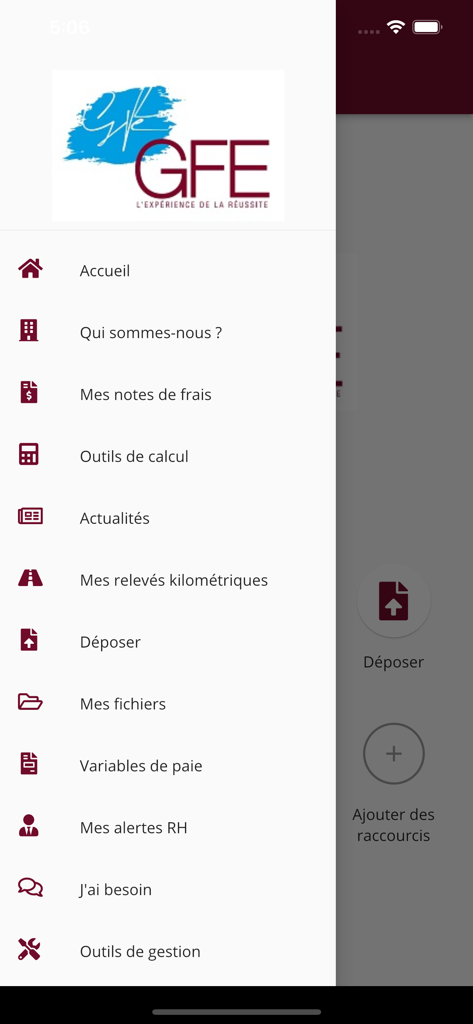 Side navigation menu of the Gestion Financiere Ext mobile app showing various financial and management tools