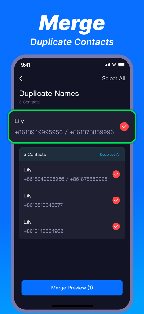 Cleaner Master Pro-Cleanup App - Interfaz para fusionar contactos duplicados en la aplicación Cleaner Master Pro.
