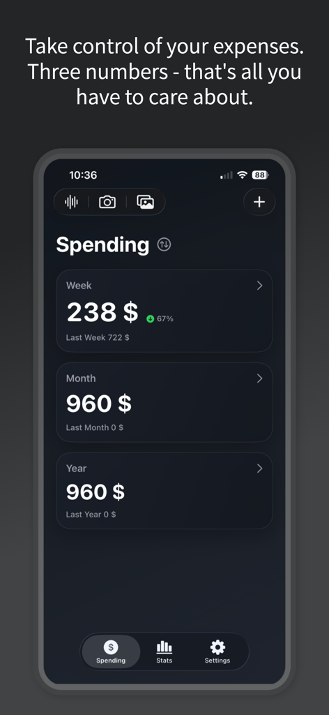 Tres Numeros - Dashboard dell'app Tres Numeros che mostra i totali delle spese settimanali, mensili e annuali in un'interfaccia minimalista in modalità scura