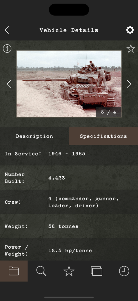 Cold War Military Vehicles - Especificaciones técnicas y foto de archivo de un tanque militar en la aplicación de referencia Vehículos Militares de la Guerra Fría.