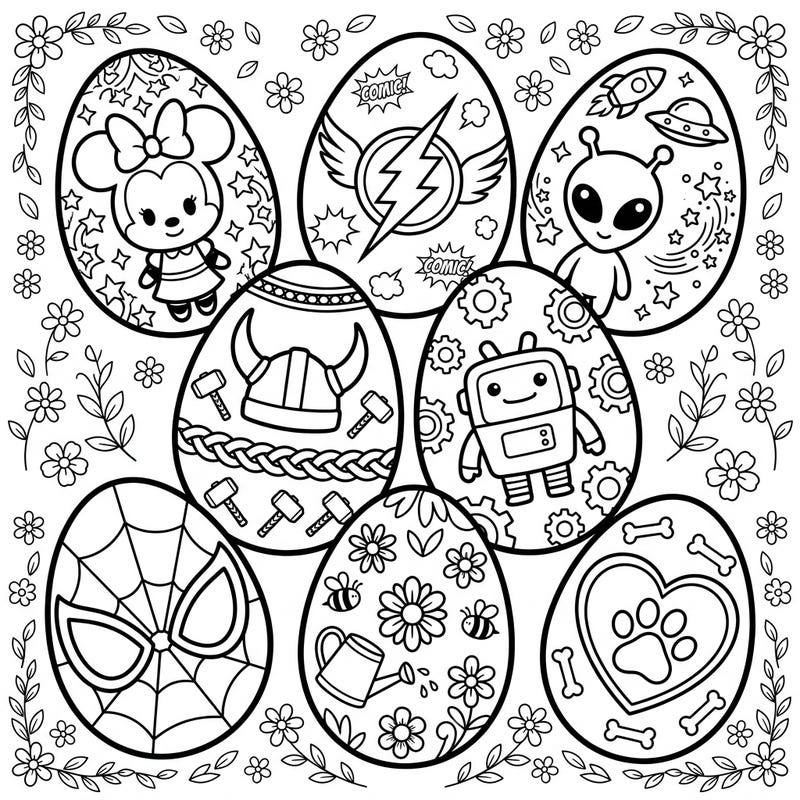Dive into a world of creativity with this unique Easter egg coloring page, featuring beloved cartoon characters and iconic symbols. Perfect for fans of all ages, it offers a delightful way to celebrate the holiday with a splash of imagination.