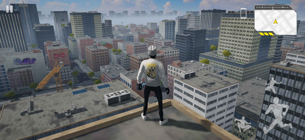 Spider Fuser - A character in a white hoodie stands on the edge of a skyscraper overlooking an urban landscape in Spider Fuser.
